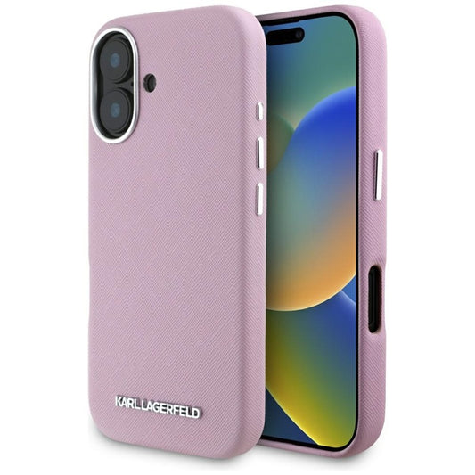 Karl Lagerfeld Saffiano Pilnai Apgaubtas Išilgintas Metalinis Logotipas MagSafe – Dėklas skirtas iPhone 16 (rožinis)