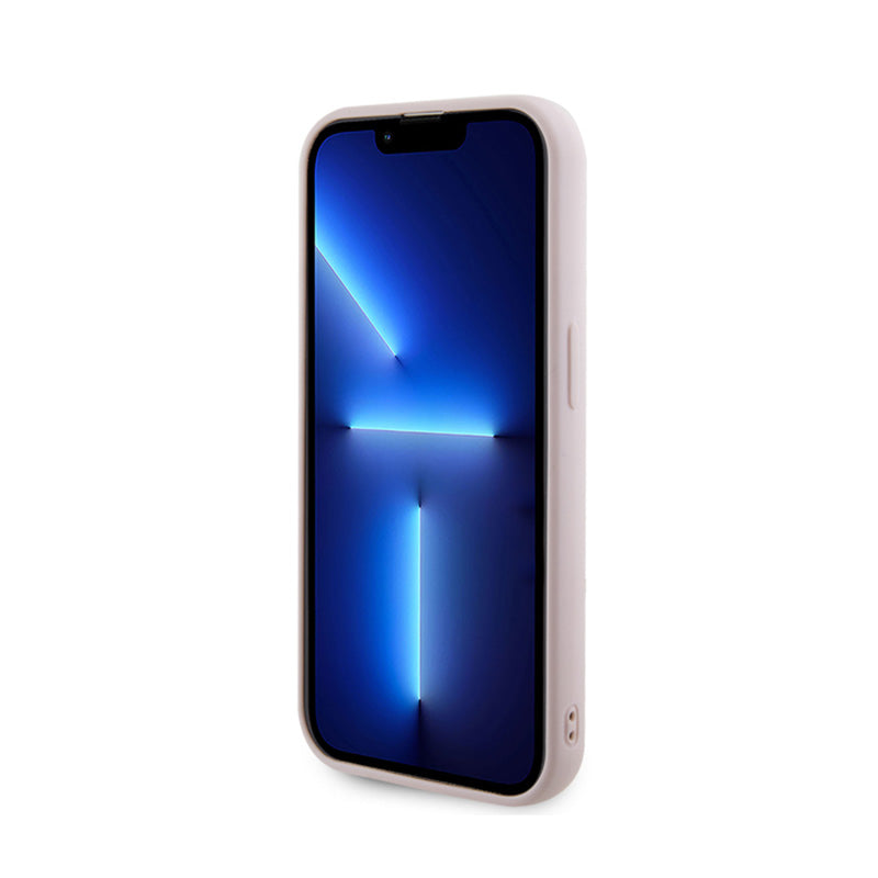 Guess dygsniuotas dėklas su metalo logotipu, skirtas iPhone 15 Pro Max (rožinis)