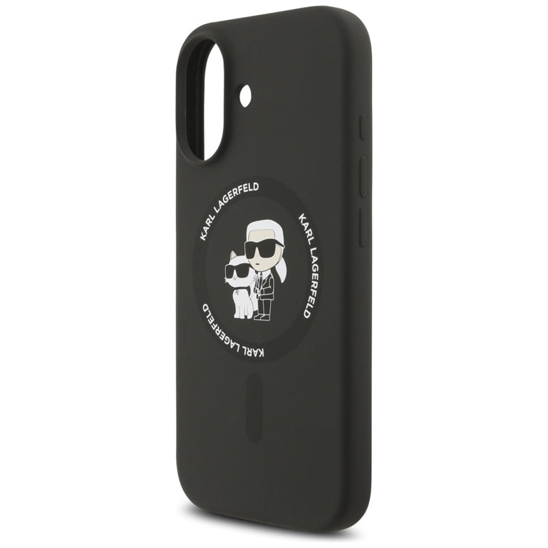 Karl Lagerfeld Silikoninis dėklas su Karl & Choupette žiedu, MagSafe, skirtas iPhone 17 (juodas)