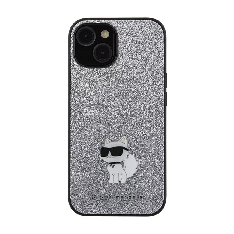 Karl Lagerfeld Fixed Glitter Choupette Logo Metal Pin – dėklas iPhone 15 / 14 / 13 (sidabrinis)