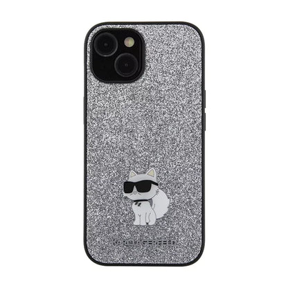 Karl Lagerfeld Fixed Glitter Choupette Logo Metal Pin – dėklas iPhone 15 / 14 / 13 (sidabrinis)