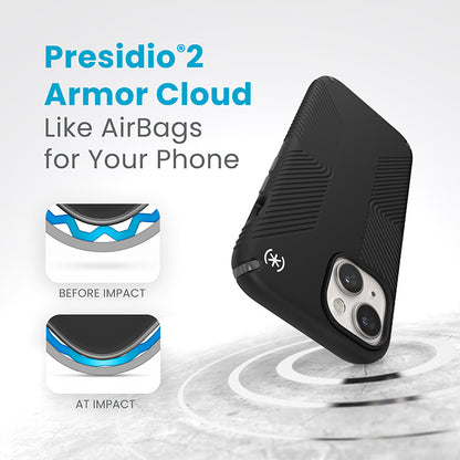 Speck Presidio2 Grip Magsafe - dėklas iPhone 17e / 16e / 15 / 14 / 13 (juodas / akmens pilkumo / baltas)