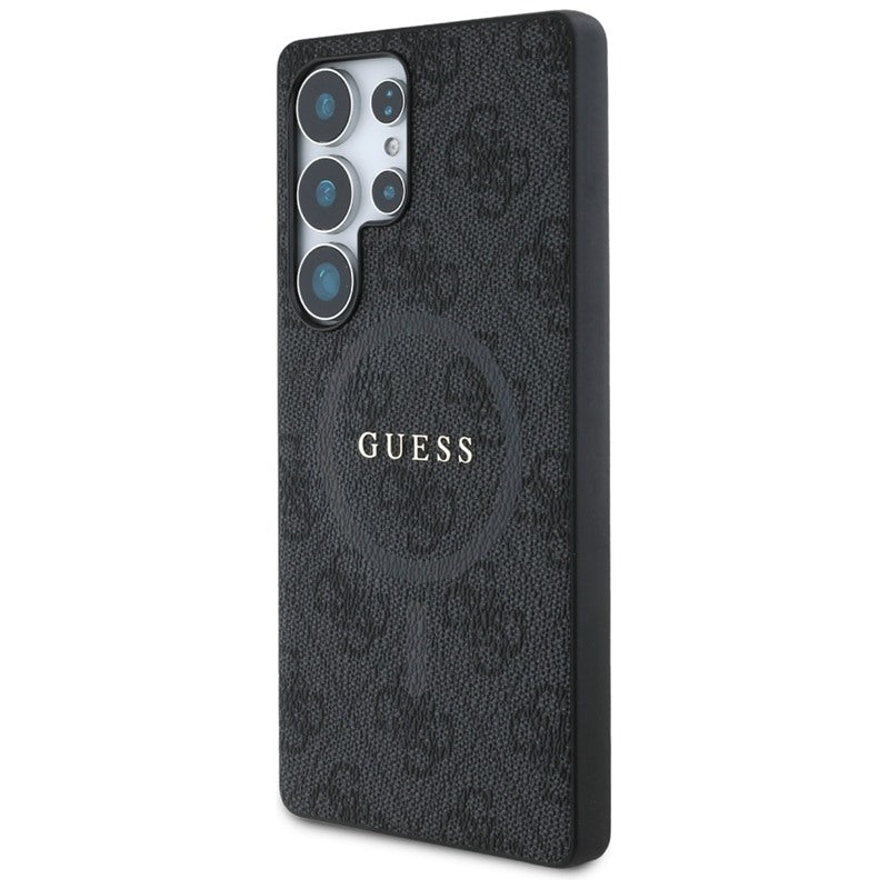 Guess Leather 4G spalvotas žiedas su klasikiniu logotipu MagSafe - dėklas, skirtas Samsung Galaxy S25 Ultra (juodas)