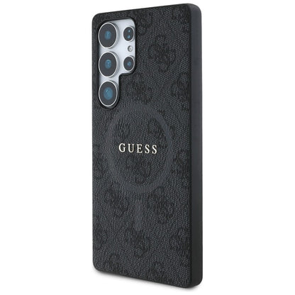 Guess Leather 4G spalvotas žiedas su klasikiniu logotipu MagSafe - dėklas, skirtas Samsung Galaxy S25 Ultra (juodas)