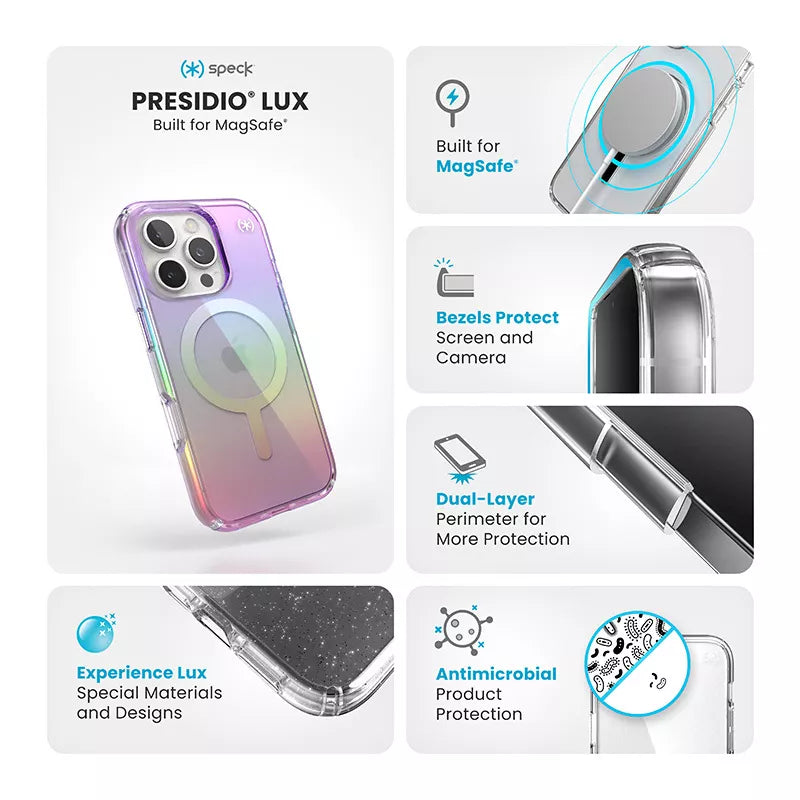 Speck Presidio2 Lux MagSafe – dėklas, skirtas iPhone 16 Pro (nuostabi violetinė / skaidri)