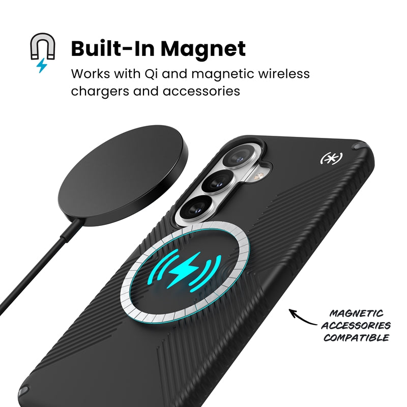 Speck Presidio2 Grip Magnet – Samsung Galaxy S26 MagSafe dėklas (juoda/skalūno pilka/balta)