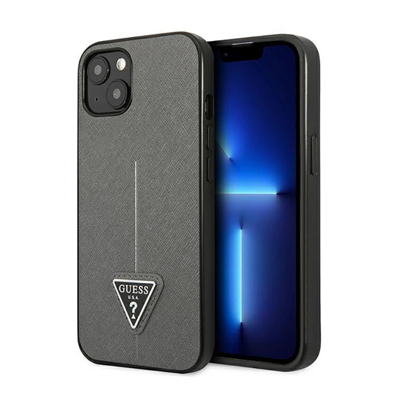 Guess Saffiano Triangle Logo dėklas – Dėklas iPhone 14 Plus (Sidabrinis)