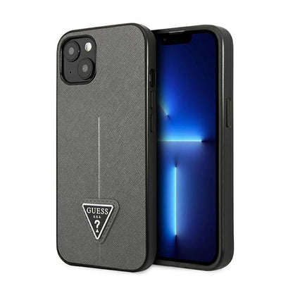 Guess Saffiano Triangle Logo dėklas – Dėklas iPhone 14 Plus (Sidabrinis)