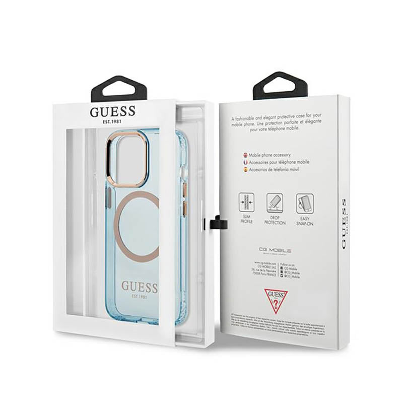 Guess Gold Outline Translucent MagSafe – dėklas, skirtas „iPhone 13 Pro“ (mėlynas)