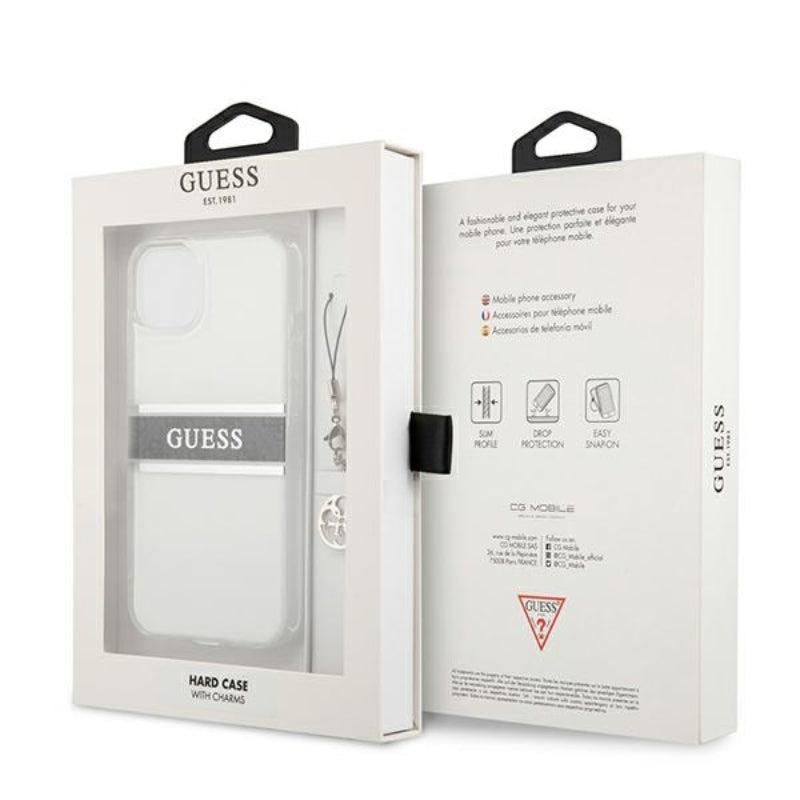 Guess 4G Stripe Grey Charm – dėklas, skirtas „iPhone 13 mini“ (permatomas)
