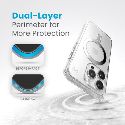 Speck Presidio Perfect-Clear ClickLock & Magsafe – „iPhone 15 Pro“ dėklas (skaidrus / chromo apdaila / ramus sidabras)