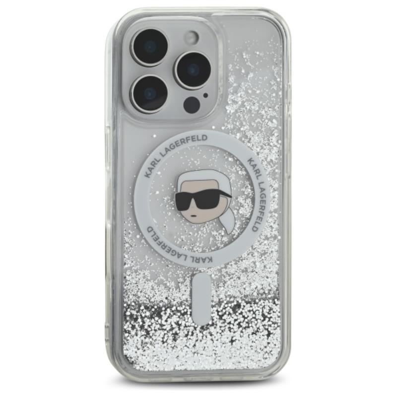 Karl Lagerfeld Liquid Glitter Karl Head MagSafe – dėklas, skirtas iPhone 16 Pro (skaidrus)
