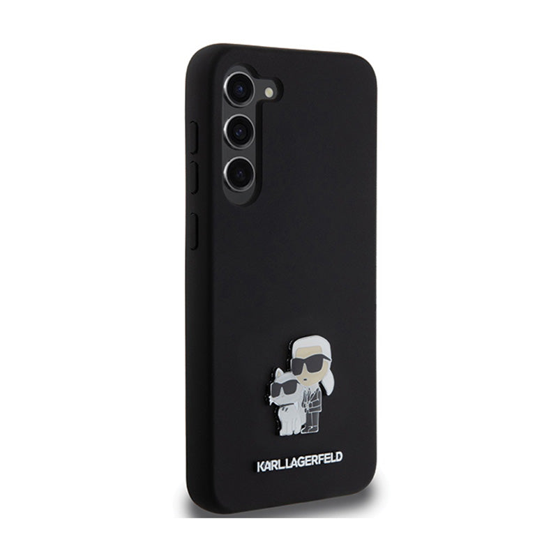 Karl Lagerfeld Silicone Karl & Choupette Metal Pin - dėklas „Samsung Galaxy S24+“ (juodas)
