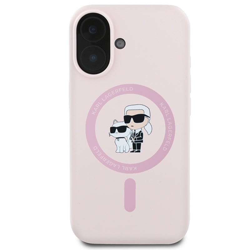 Karl Lagerfeld Silicone Karl & Choupette Ring MagSafe – dėklas iPhone 16 Plus (rožinis)