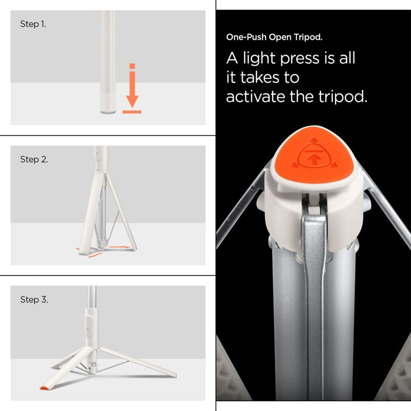 Spigen S541W "Bluetooth" asmenukių lazdelė su trikoju – išmaniojo telefono trikojis / asmenukių lazdelės laikiklis (smėlio spalvos)