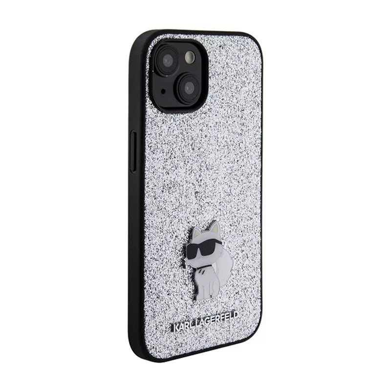 Karl Lagerfeld Fixed Glitter Choupette Logo Metal Pin – dėklas iPhone 15 / 14 / 13 (sidabrinis)
