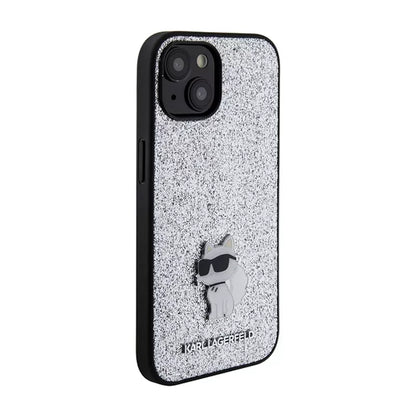 Karl Lagerfeld Fixed Glitter Choupette Logo Metal Pin – dėklas iPhone 15 / 14 / 13 (sidabrinis)