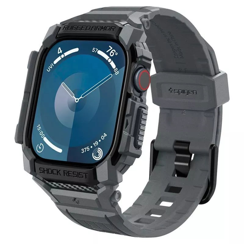 Spigen Rugged Armor Pro – dirželis su dėklu, skirtas „Apple Watch 10“ 46 mm (tamsiai pilka)