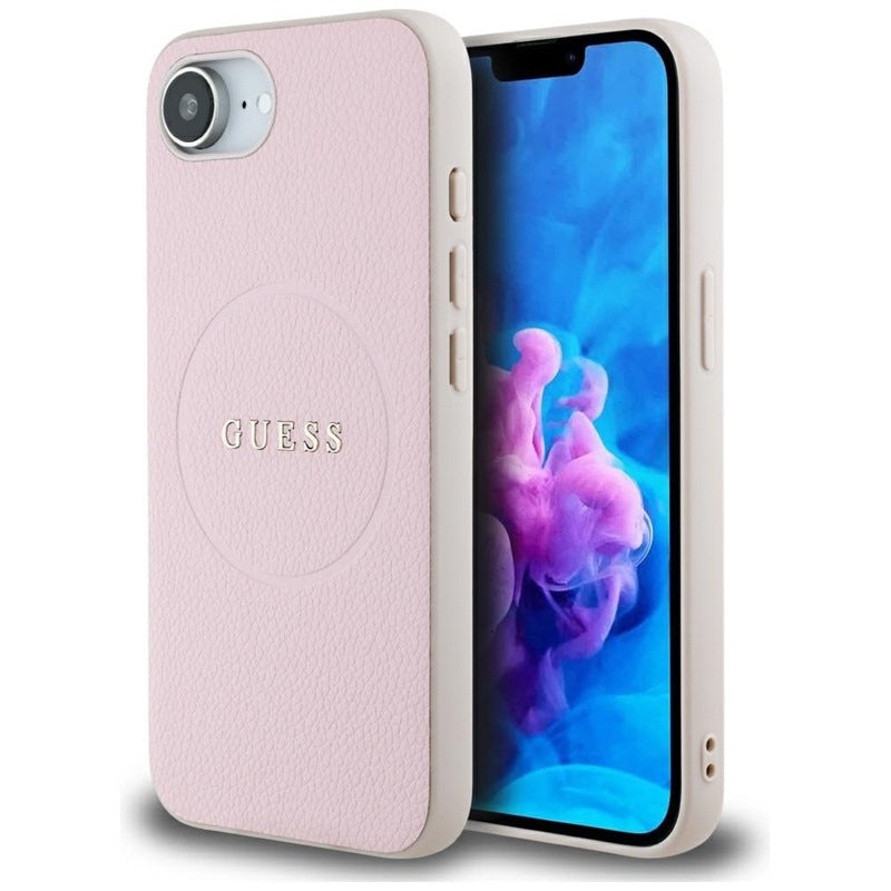 Guess Grained Ring MagSafe – dėklas, skirtas iPhone 16e (rožinis)
