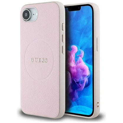 Guess Grained Ring MagSafe – dėklas, skirtas iPhone 16e (rožinis)