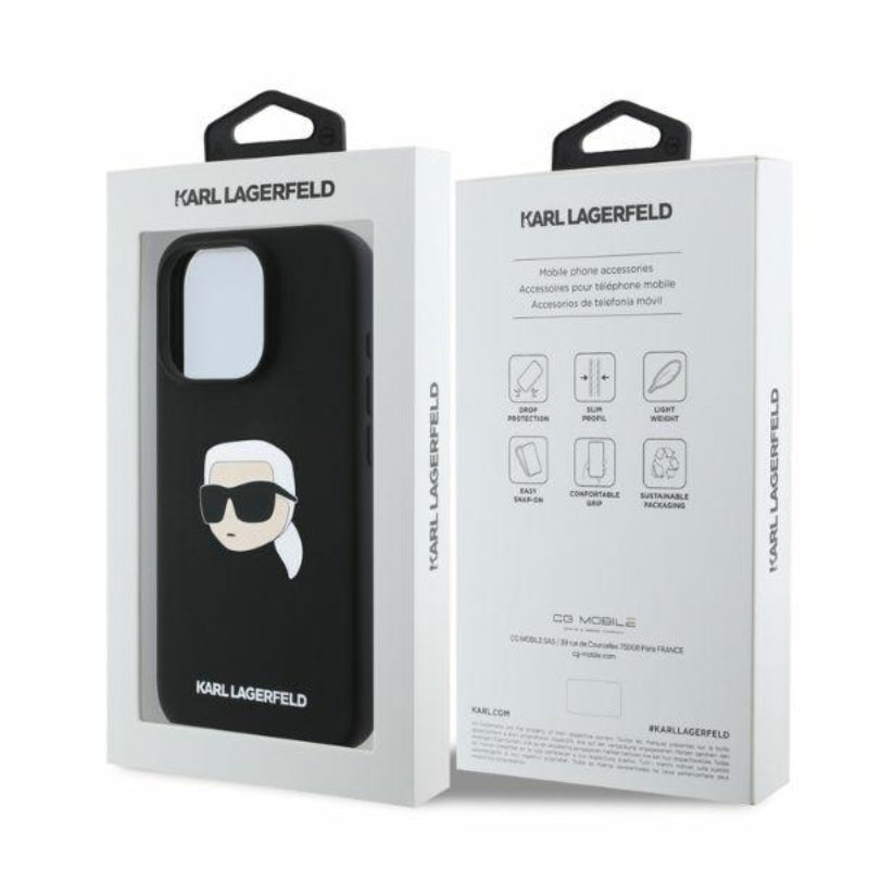 Karl Lagerfeld silikoninis dėklas su Karlo galvos spaudiniu MagSafe - iPhone 16 Pro Max (juodas)