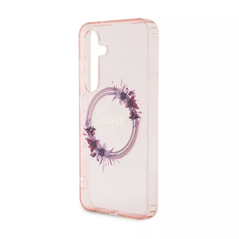 Guess IML Gėlių vainikas MagSafe dėklas Samsung Galaxy S24 (Rožinis)