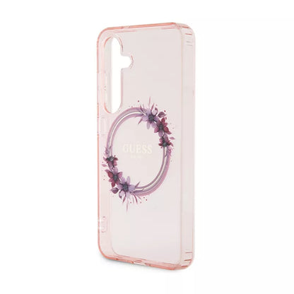 Guess IML Gėlių vainikas MagSafe dėklas Samsung Galaxy S24 (Rožinis)