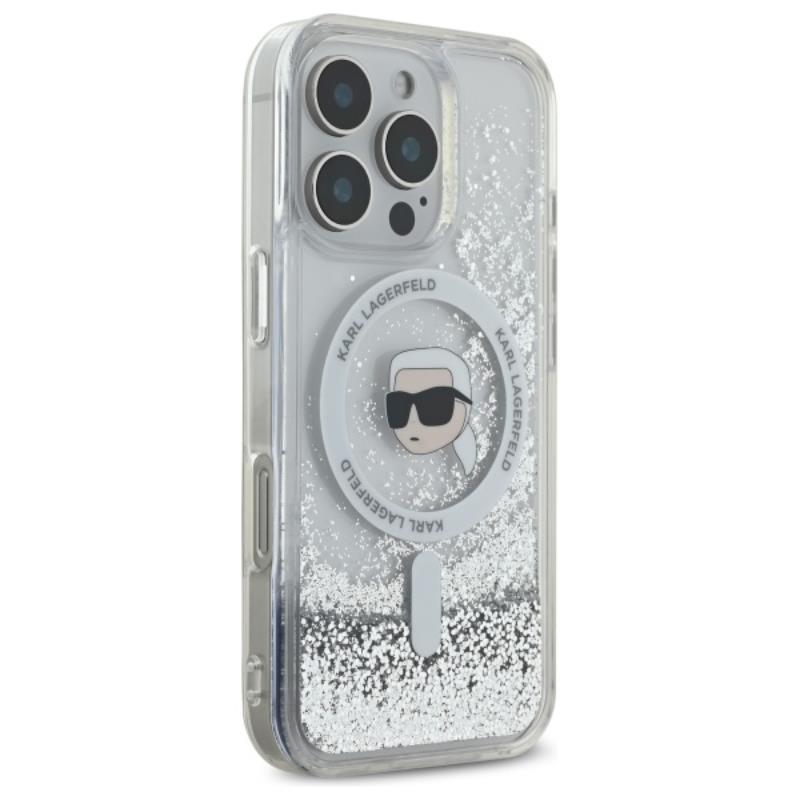 Karl Lagerfeld Liquid Glitter Karl Head MagSafe – dėklas, skirtas iPhone 16 Pro (skaidrus)
