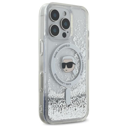 Karl Lagerfeld Liquid Glitter Karl Head MagSafe – dėklas, skirtas iPhone 16 Pro (skaidrus)