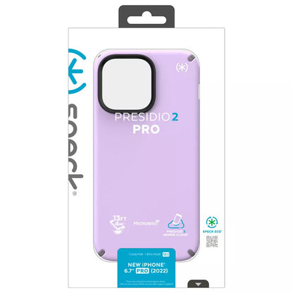 "Speck Presidio2 Pro" - dėklas "iPhone 14 Pro Max" su MICROBAN danga (pavasario violetinės / debesų pilkumo / baltos spalvos)