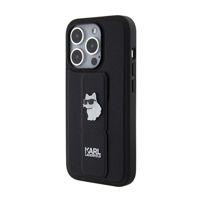 Karl Lagerfeld Gripstand Saffiano Choupette Pins – iPhone 15 Pro dėklas (juodas)