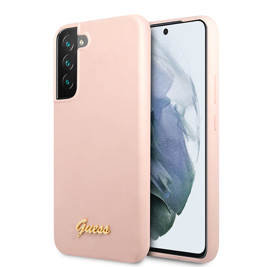 Guess Silicone Script Metal Logo – dangtis Samsung Galaxy S22+ (rožinis)