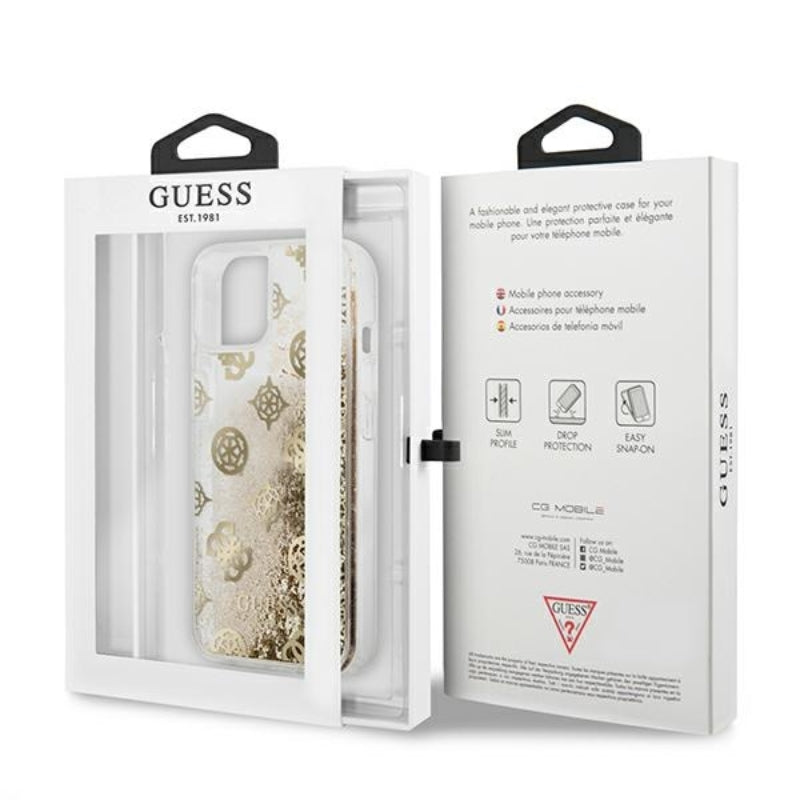 Guess Peony Liquid Glitter – dėklas skirtas iPhone 13 mini (auksinės spalvos)