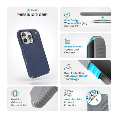 Speck Presidio2 Grip – dėklas, skirtas „iPhone 16 Pro“ (pakrantės mėlyna / dulkėta pilka / balta)