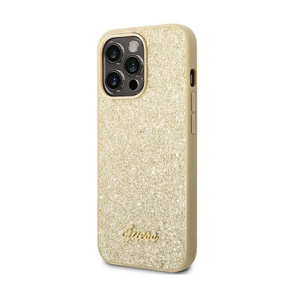 Guess Glitter Flakes Metal Logo dėklas – dėklas skirtas iPhone 14 Pro Max (aukso spalvos)