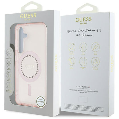 Guess Rhinestones Printed Classic Logo MagSafe – dėklas, skirtas „Samsung Galaxy S25“ (rožinė)
