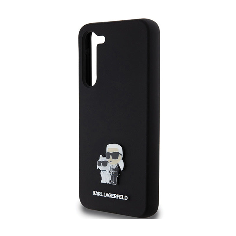 Karl Lagerfeld Silicone Karl & Choupette Metal Pin - dėklas „Samsung Galaxy S24+“ (juodas)