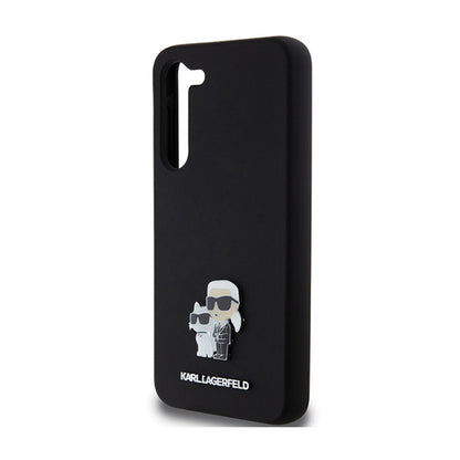 Karl Lagerfeld Silicone Karl & Choupette Metal Pin - dėklas „Samsung Galaxy S24+“ (juodas)