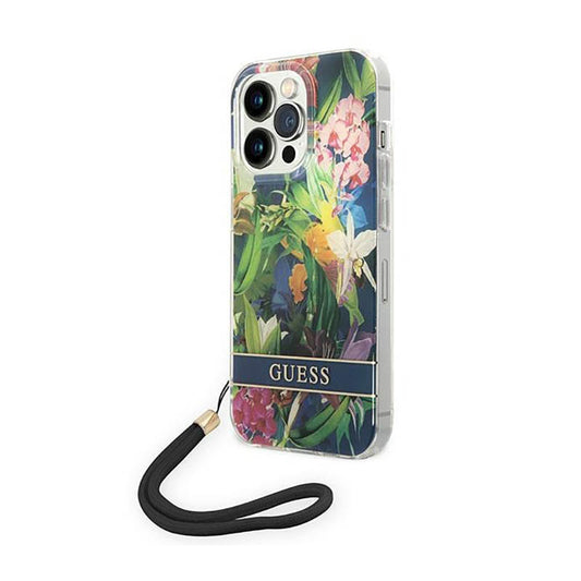 Guess Flower Cord – dėklas, skirtas „iPhone 14 Pro Max“ (mėlynas)