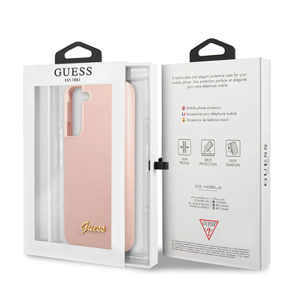 Guess Silicone Script Metal Logo – dangtis Samsung Galaxy S22+ (rožinis)