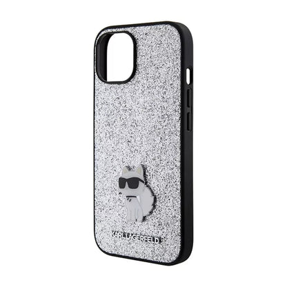 Karl Lagerfeld Fixed Glitter Choupette Logo Metal Pin – dėklas iPhone 15 / 14 / 13 (sidabrinis)