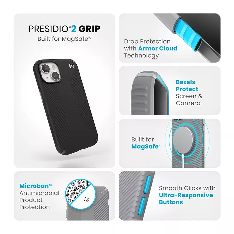 Speck Presidio2 Grip Magsafe – dėklas, skirtas iPhone 16e / iPhone 15 / iPhone 14 / iPhone 13 (juodas / skalūno pilkumo / baltas)