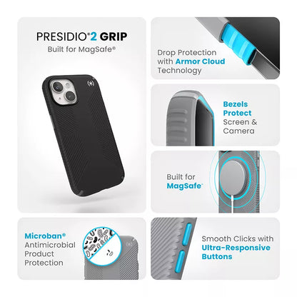 Speck Presidio2 Grip Magsafe – dėklas, skirtas iPhone 16e / iPhone 15 / iPhone 14 / iPhone 13 (juodas / skalūno pilkumo / baltas)