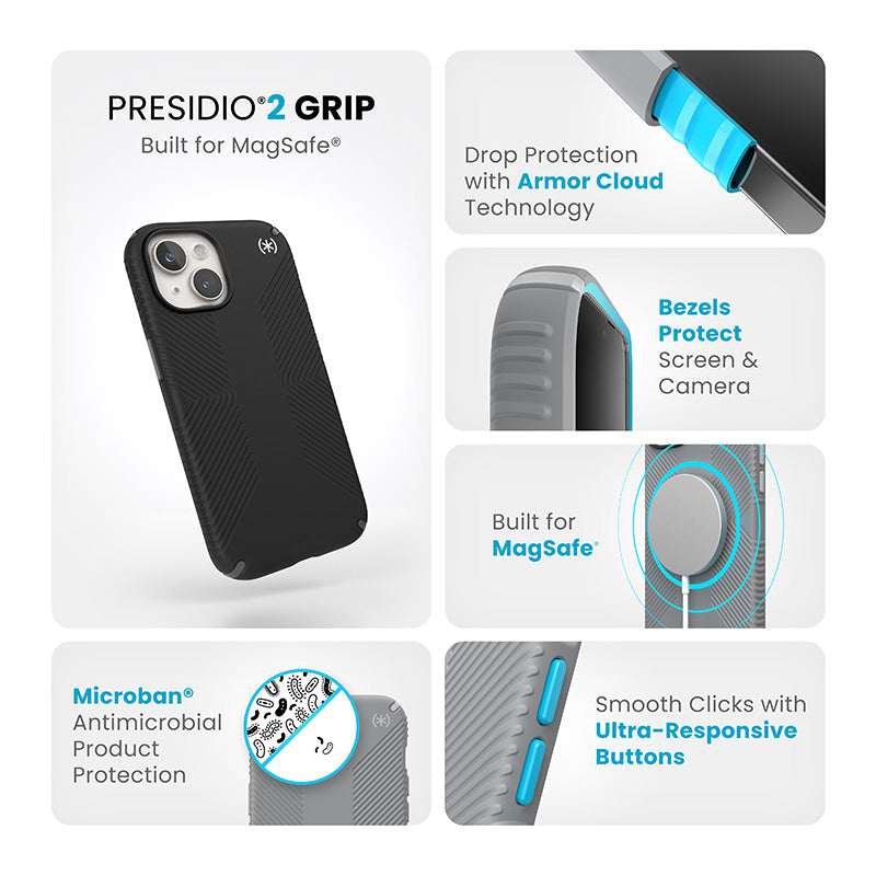 Speck Presidio2 Grip Magsafe - dėklas iPhone 17e / 16e / 15 / 14 / 13 (juodas / akmens pilkumo / baltas)