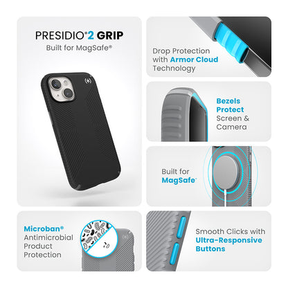 Speck Presidio2 Grip Magsafe - dėklas iPhone 17e / 16e / 15 / 14 / 13 (juodas / akmens pilkumo / baltas)