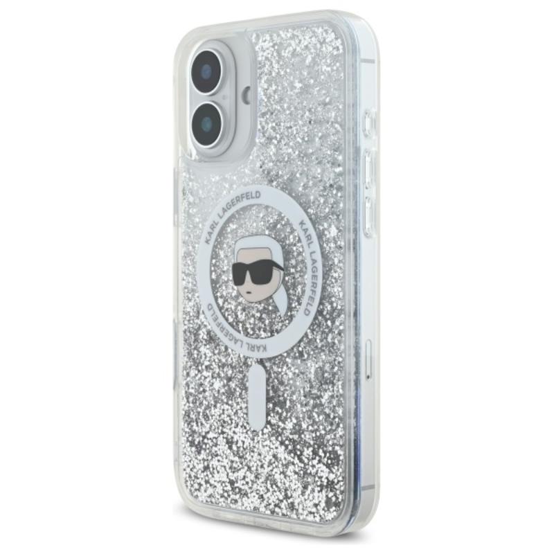 Karl Lagerfeld Liquid Glitter Karl Head MagSafe – dėklas iPhone 16 (skaidrus)