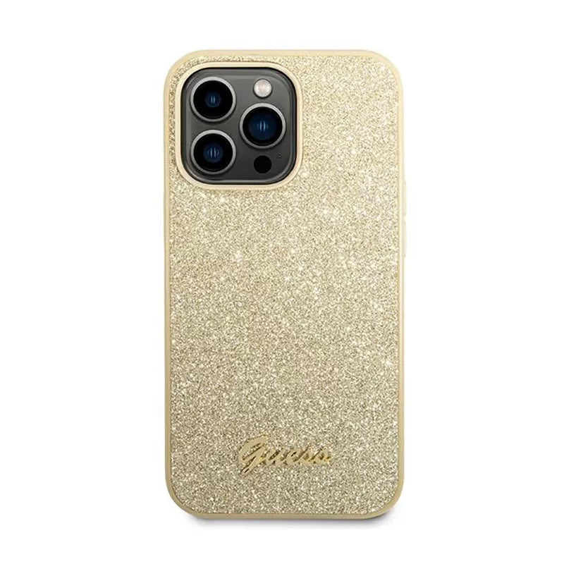 Guess Glitter Flakes Metal Logo dėklas – dėklas skirtas iPhone 14 Pro Max (aukso spalvos)
