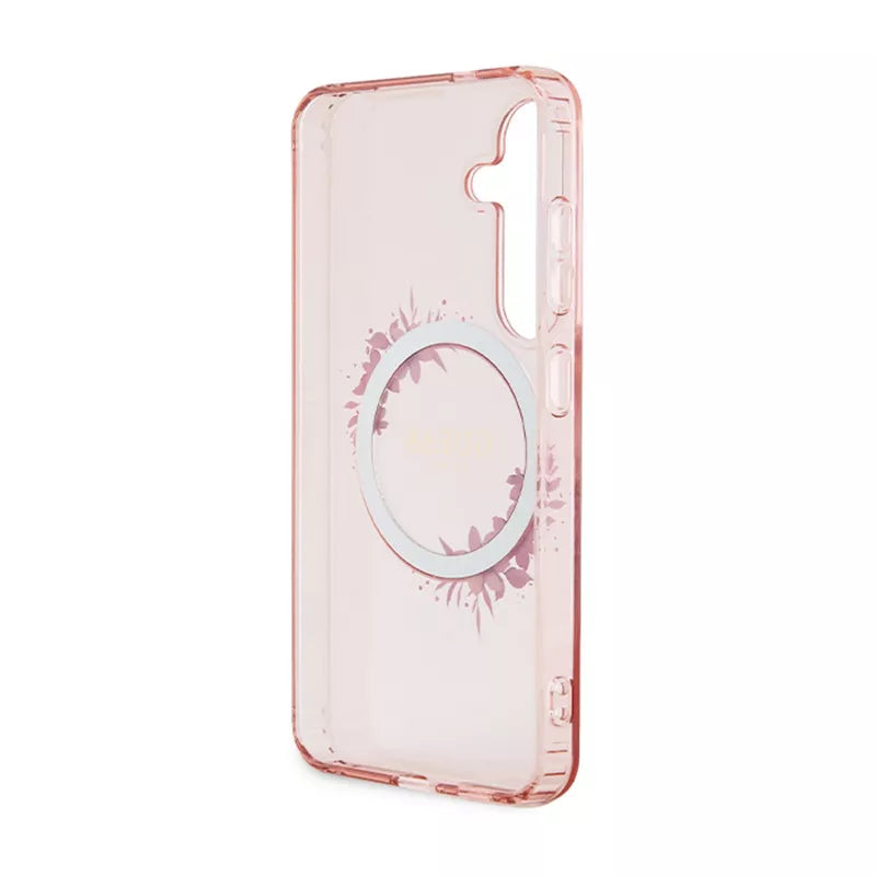 Guess IML Gėlių vainikas MagSafe dėklas Samsung Galaxy S24 (Rožinis)