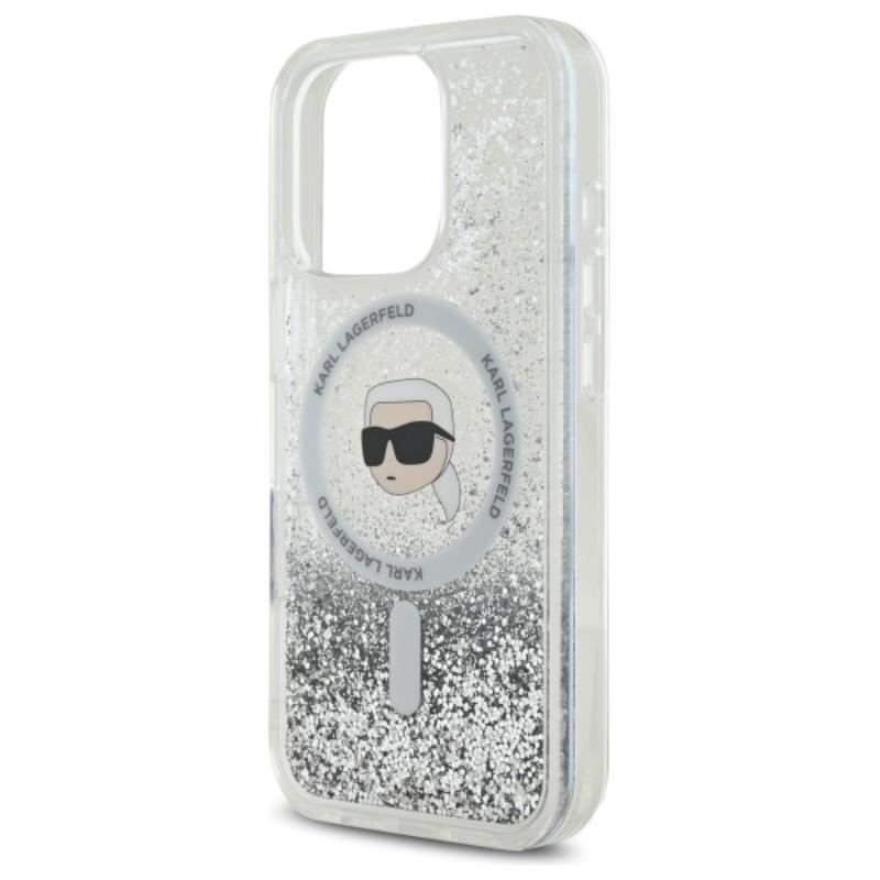 Karl Lagerfeld Liquid Glitter Karl Head MagSafe – dėklas, skirtas iPhone 16 Pro (skaidrus)