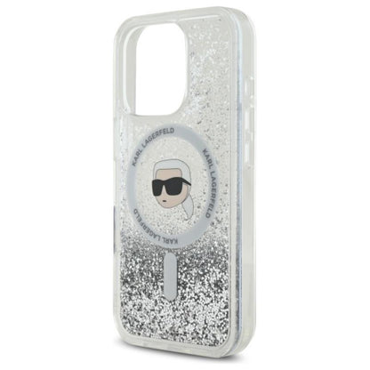 Karl Lagerfeld Liquid Glitter Karl Head MagSafe – dėklas, skirtas iPhone 16 Pro (skaidrus)